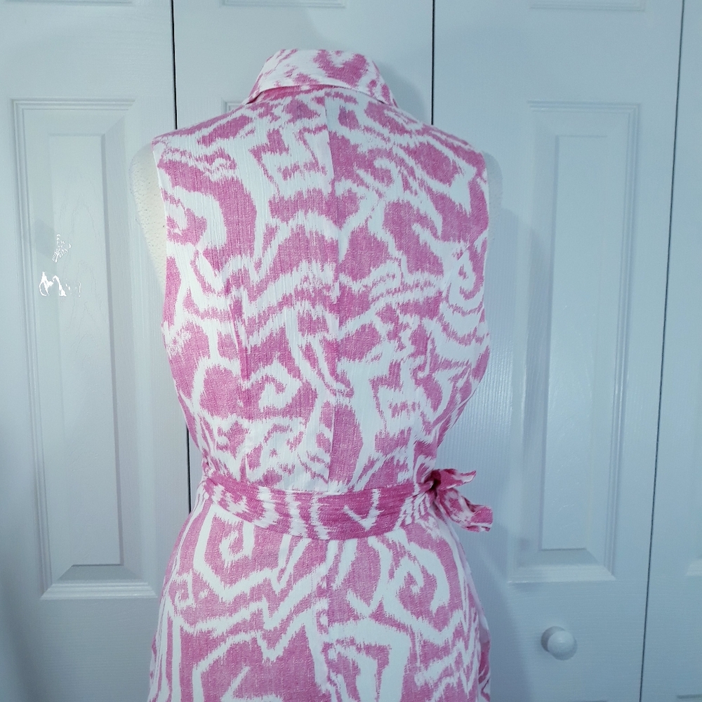 Pendleton Cotton Midi Dress Pink on White Sleeveless Wrap Lined Size 8 - Picture 12 of 16